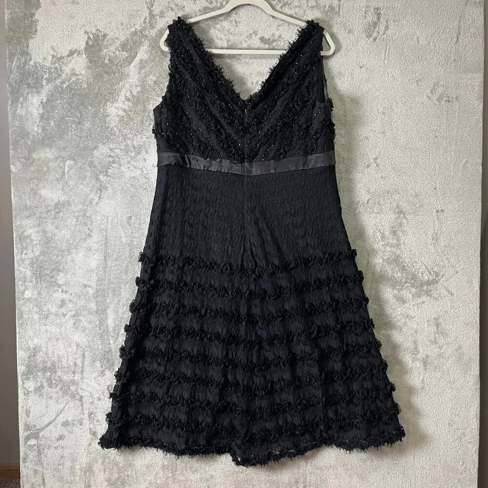 Tadashi Black Lace Dress Sleeveless V Neck Ruffle‎ Gothic Romantic Size 18 Fancy